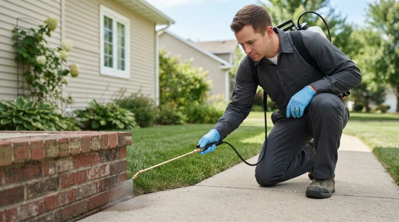 Pest control technician treating a home near Bedford, KY